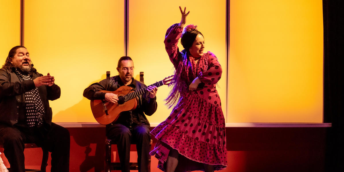 Flamenco dancer, singer and guitarist performing on stage in the Tablao
