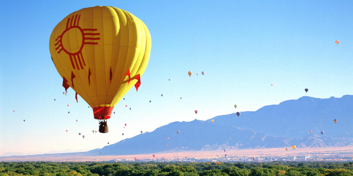 Hot air balloons in flight during Balloon Fiesta